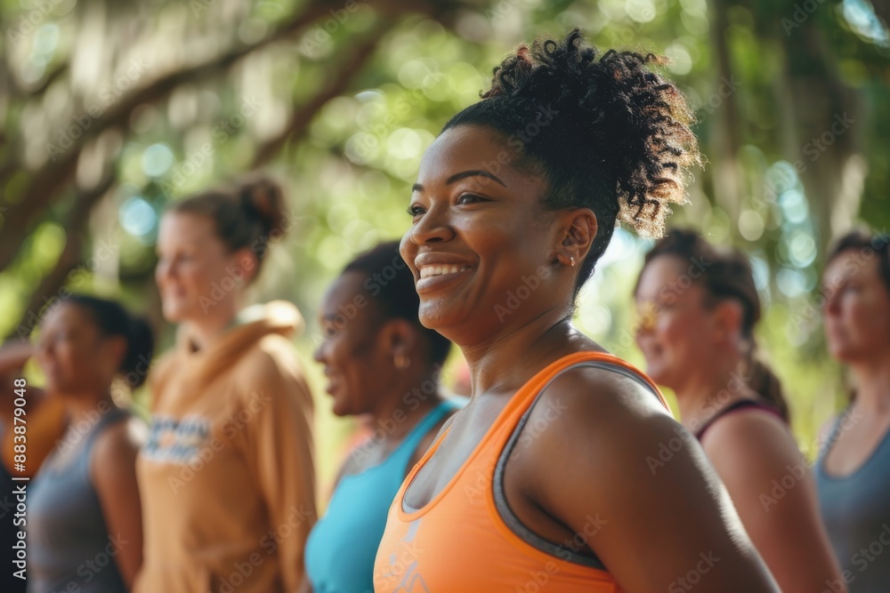 A group of women of different ages and body types stand together, smiling during an outdoor fitness class on a sunny day A group of women of different ages and body types stand together, smiling during an outdoor fitness class on a sunny day