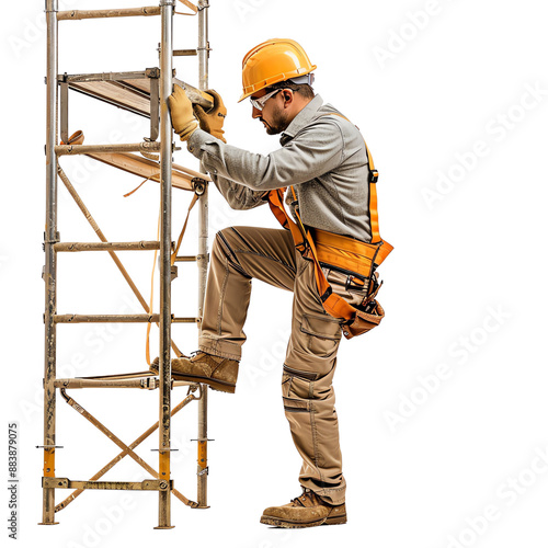 Construction worker climbing scaffolding, wearing safety gear and helmet, ascending a ladder, industrial, professional setting. photo