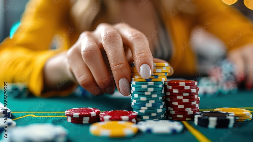 In this close-up shot, a person is reaching out to grab a stack of poker chips on a poker table, filled with colorful chips, conveying excitement and engagement in the game. In this close-up shot, a person is reaching out to grab a stack of poker chips on a poker table, filled with colorful chips, conveying excitement and engagement in the game.