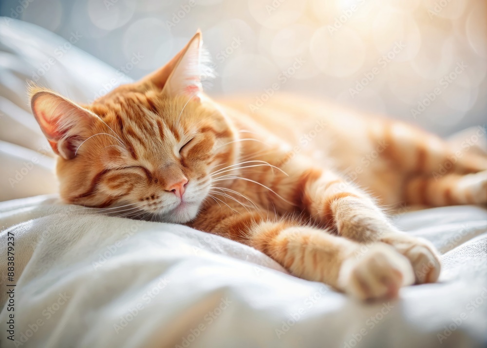 Adorable orange tabby cat stretches out in a relaxed sleep on a pristine white bed, soft fur contrasting with the blurred background's gentle haze. Adorable orange tabby cat stretches out in a relaxed sleep on a pristine white bed, soft fur contrasting with the blurred background's gentle haze.