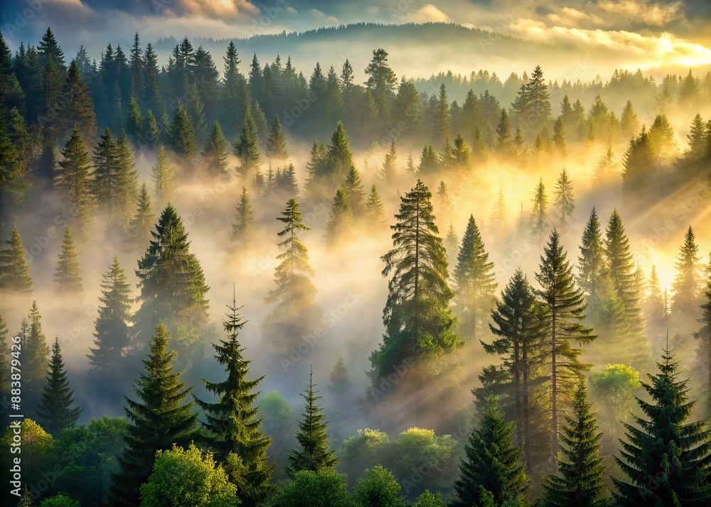 Obraz premium Misty dawn breaks over a serene coniferous forest with towering evergreens, foggy atmosphere, and lush undergrowth, evoking a sense of stillness and reverence.