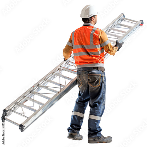 Construction worker in safety equipment carrying a ladder. Worker in high-visibility vest and hard hat on white background.