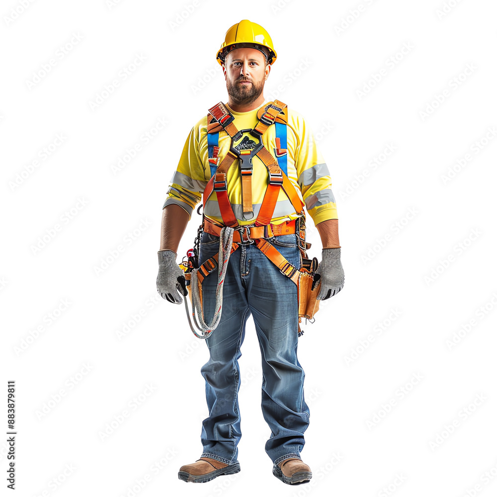 Construction worker in safety gear, including hard hat and harness, isolated on white background.