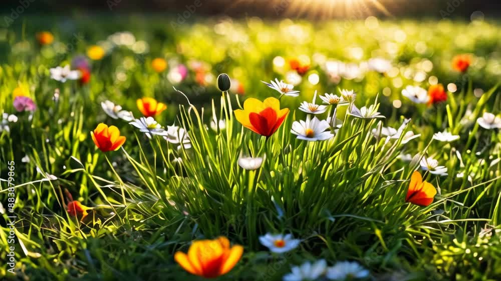 Beautiful green grass with colorful flowers in the sunlight Beautiful green grass with colorful flowers in the sunlight