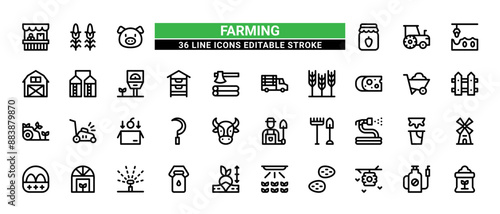 36 Farming Line Icons Set Pack Editable Stroke Vector Illustration.
