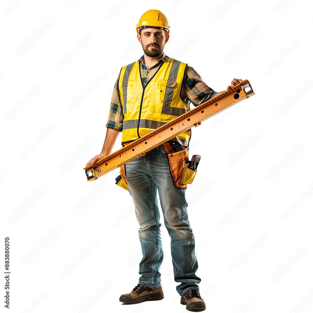 Construction worker in safety gear holding a level tool, standing confidently in a full portrait on a white background. Construction worker in safety gear holding a level tool, standing confidently in a full portrait on a white background.