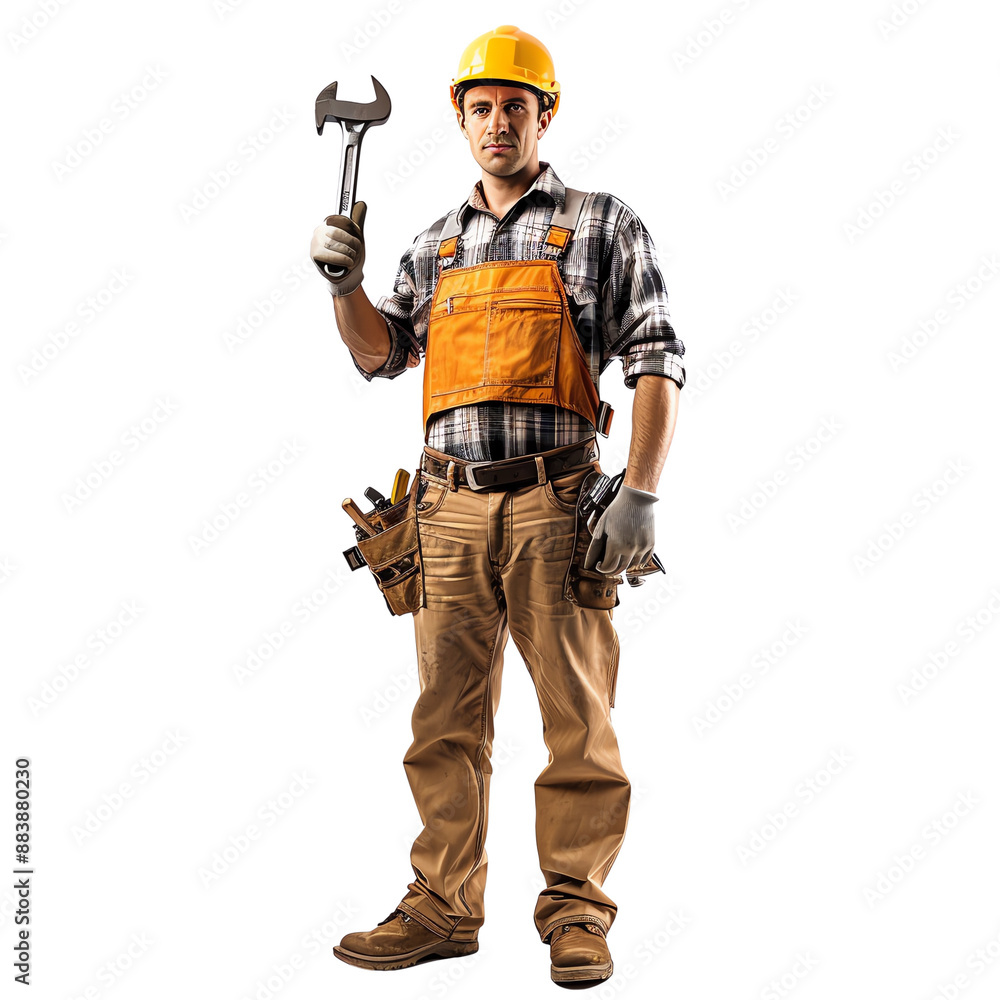 Construction worker in safety gear holding a wrench, ready for work. Isolated on white background, full body shot. Construction worker in safety gear holding a wrench, ready for work. Isolated on white background, full body shot.
