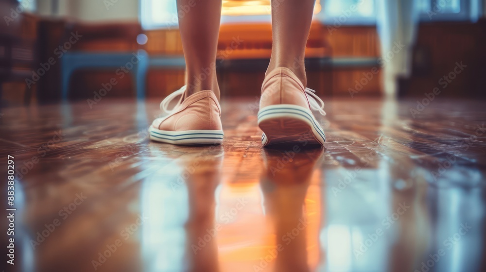 Close-up of feet in dance shoes on a polished wood floor in a studio. Close-up of feet in dance shoes on a polished wood floor in a studio.