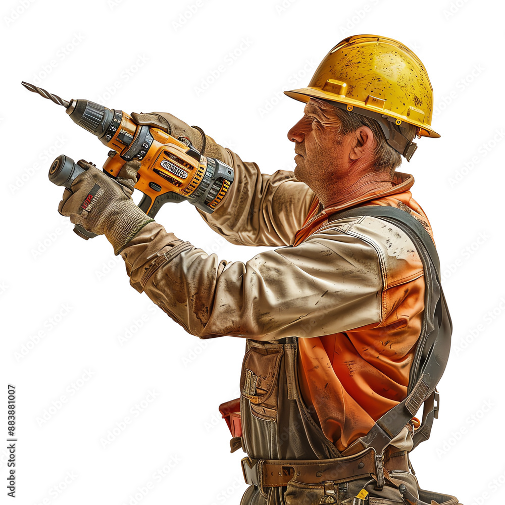 Construction worker using a cordless drill in safety gear, focused and working on a building project. Construction worker using a cordless drill in safety gear, focused and working on a building project.