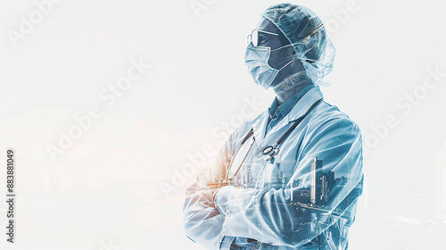 Doctor in medical uniform with stethoscope over cityscape background. Double exposure.
