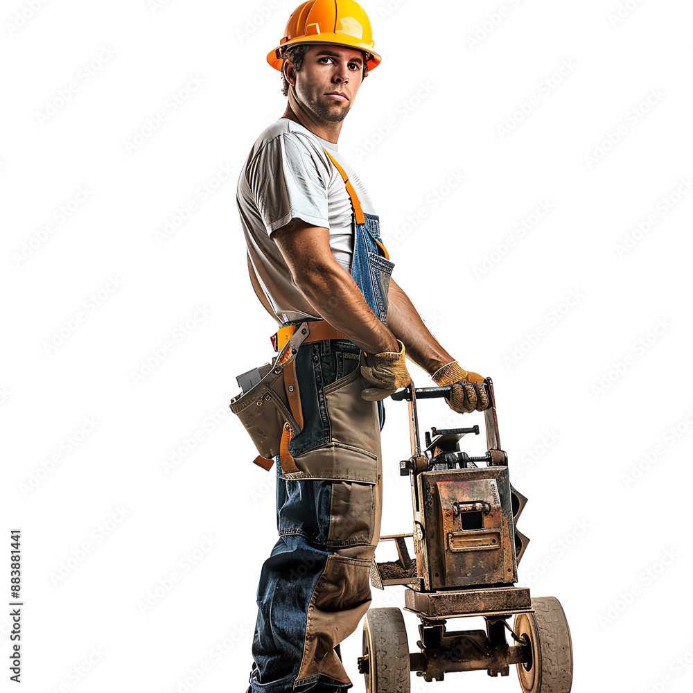 Construction worker with safety helmet and equipment cart during work. Manual laborer in overalls ready for heavy-duty tasks. Construction worker with safety helmet and equipment cart during work. Manual laborer in overalls ready for heavy-duty tasks.