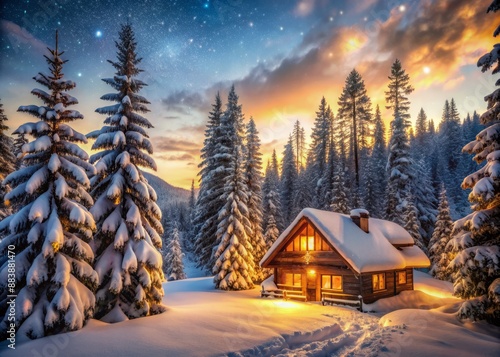 Cozy snow-covered cabin surrounded by towering evergreen trees, warm golden lights spilling from windows, against a serene winter evening sky with soft falling snowflakes.