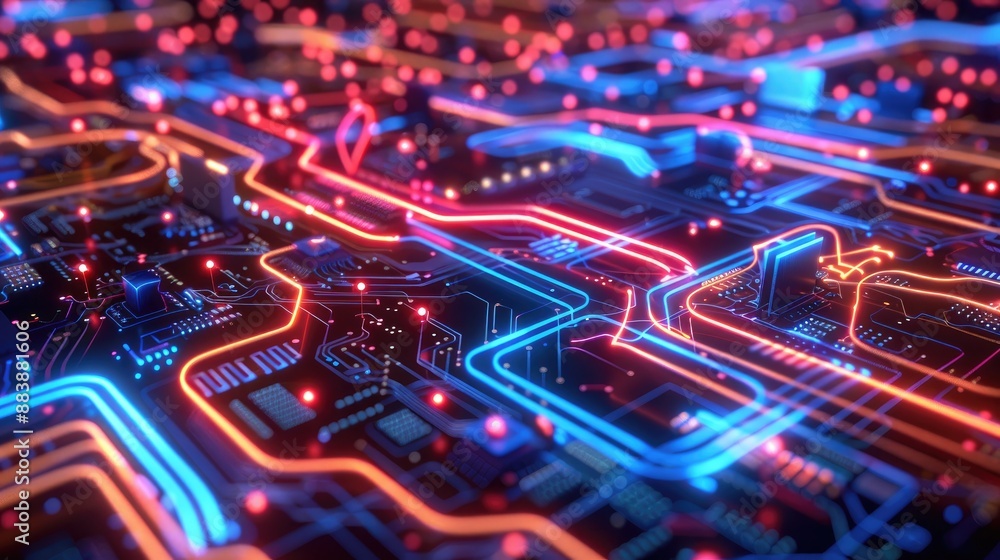 An intricate microchip landscape with electric signals flowing through neon pathways An intricate microchip landscape with electric signals flowing through neon pathways