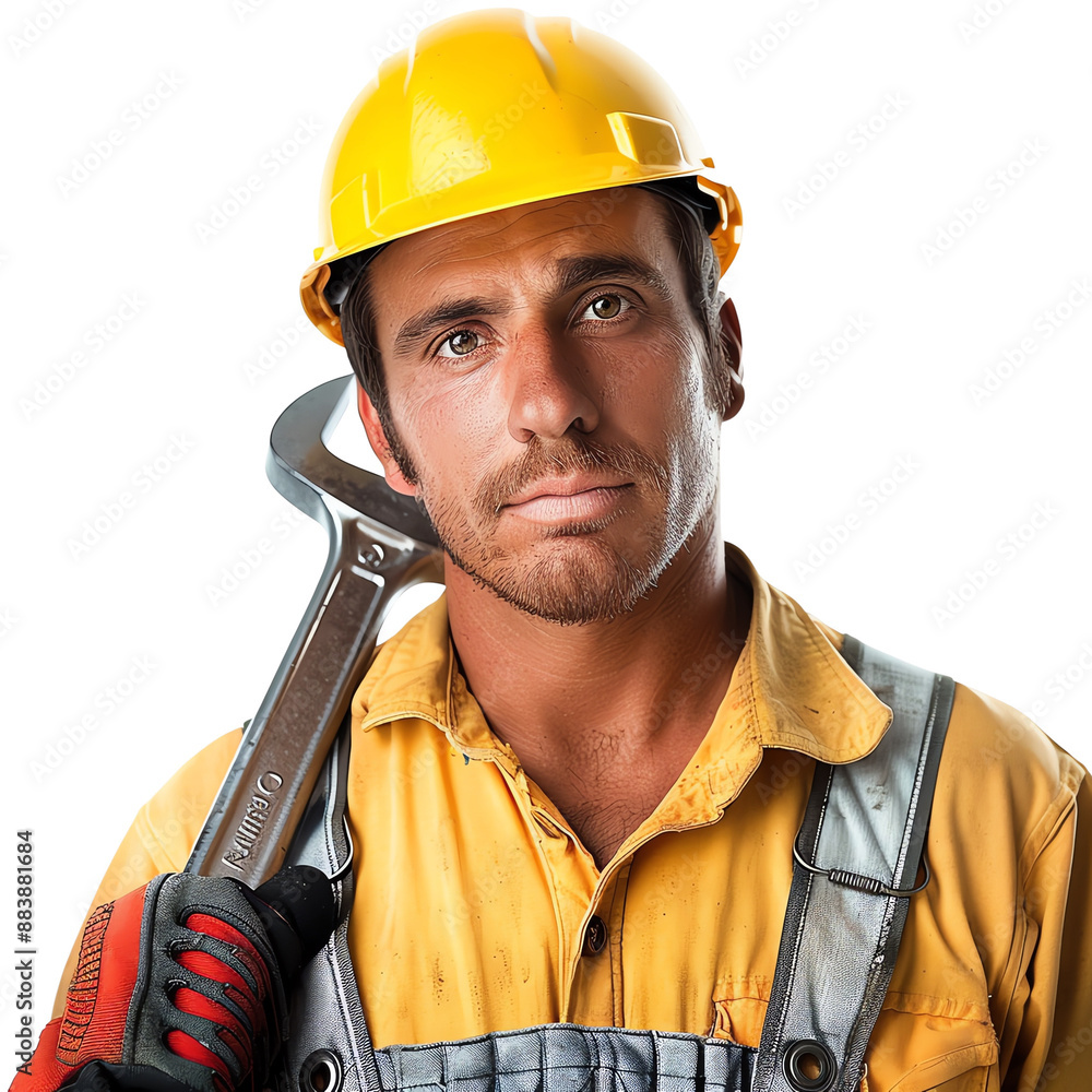 Portrait of a construction worker wearing a yellow helmet and holding a wrench, ready to work. Ideal for industry and manual labor themes. Portrait of a construction worker wearing a yellow helmet and holding a wrench, ready to work. Ideal for industry and manual labor themes.