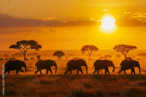 Elephant herd crossing grassland at sunset, with sun setting behind trees in the background