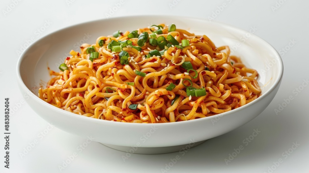 Noodles with accompaniments in a white bowl, looks delicious on a clean white background Noodles with accompaniments in a white bowl, looks delicious on a clean white background