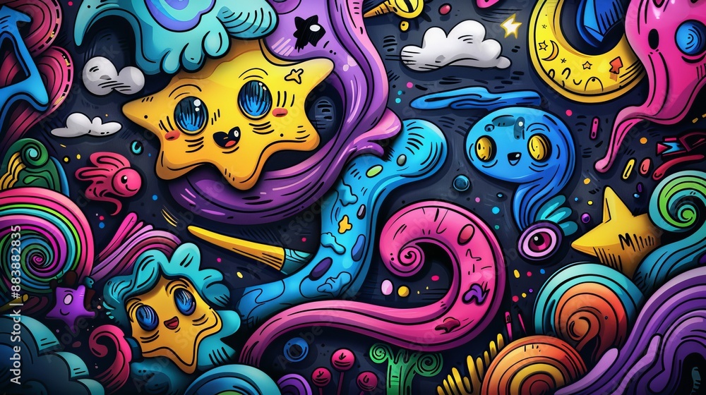 Colorful Doodle Pattern With Stars and Swirls Colorful Doodle Pattern With Stars and Swirls