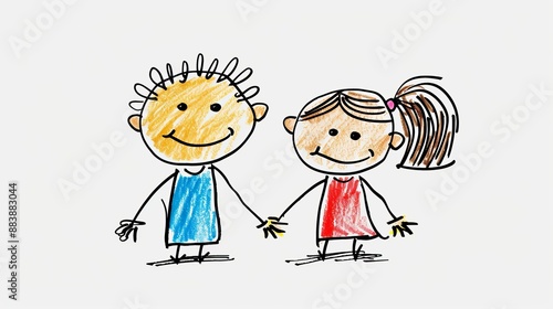 Hand-Drawn Illustration of Boy and Girl Holding Hands