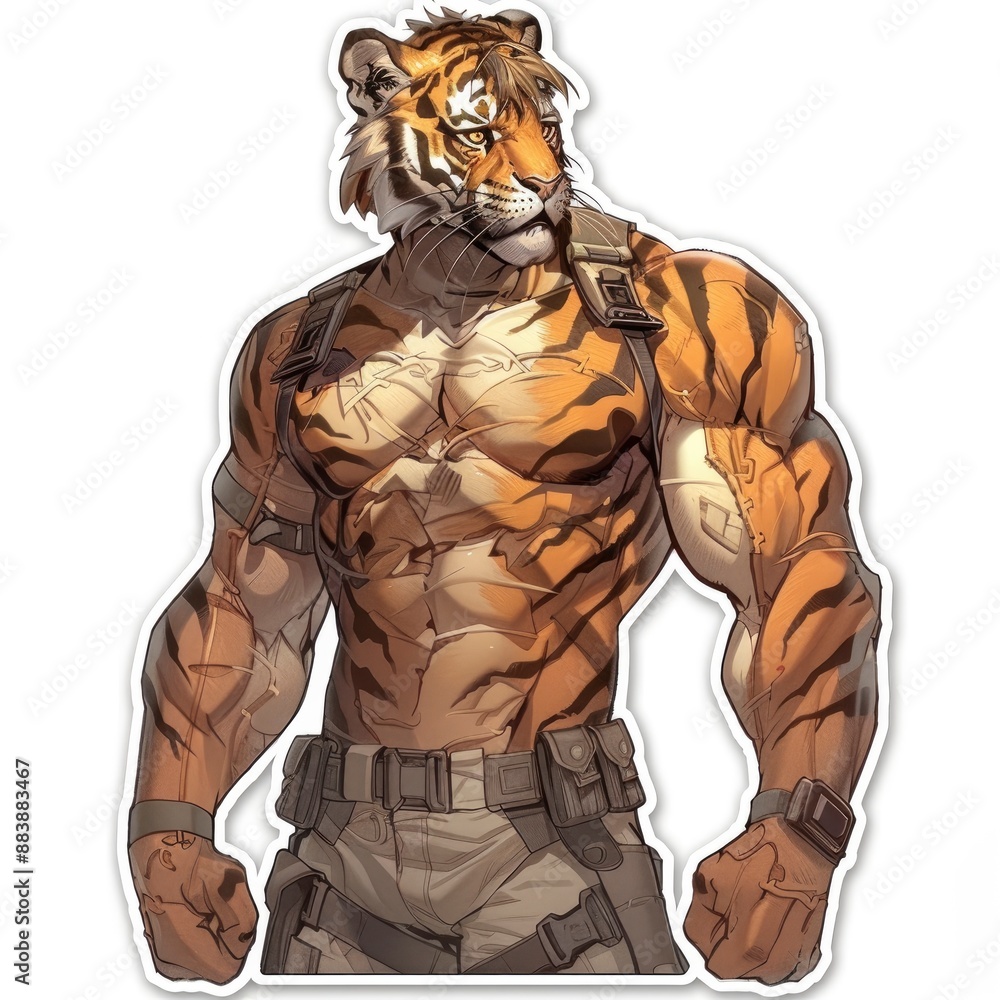 Fototapeta premium A tiger in a superhero costume sticker, full body, heroic gear, sticker art design