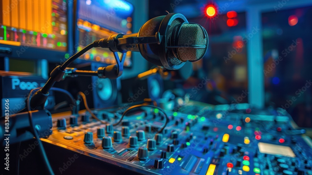 Radio studio with DJs broadcasting live on air with microphones. Radio studio with DJs broadcasting live on air with microphones.