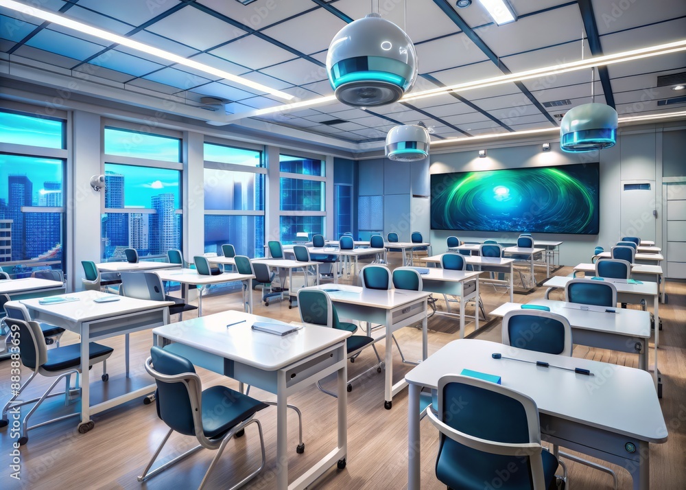 Modern educational tools abound in this futuristic classroom, where interactive 3D models and high-tech augmented reality goggles await, promising immersive academic exploration. Modern educational tools abound in this futuristic classroom, where interactive 3D models and high-tech augmented reality goggles await, promising immersive academic exploration.