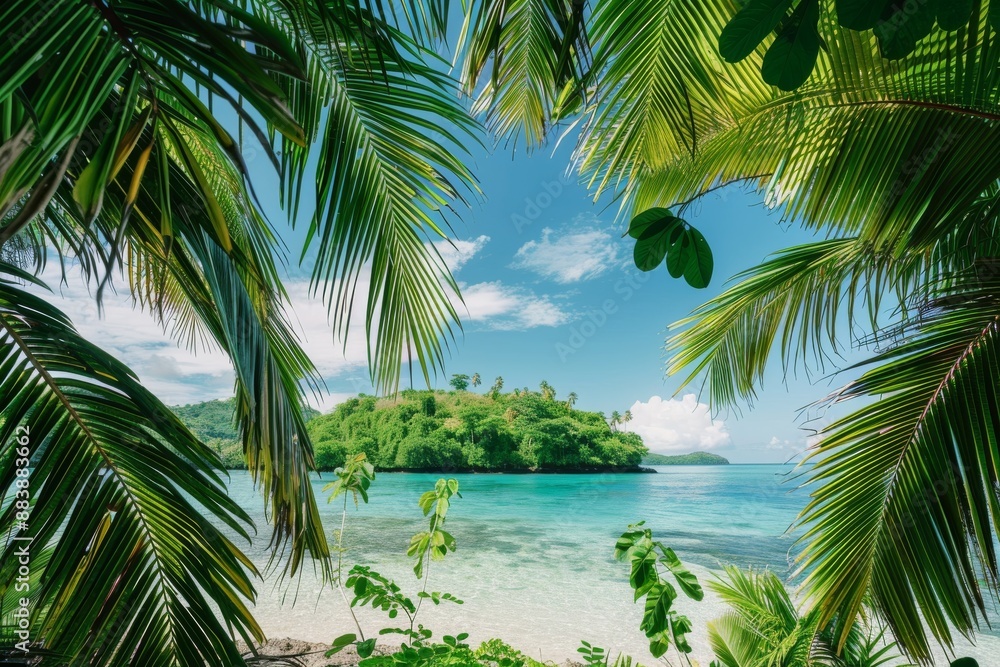 Fototapeta premium A serene tropical island with lush greenery, a clear blue sky, and turquoise waters is framed by vibrant green palm trees