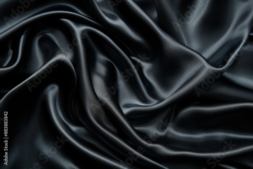 A close-up image of black silk fabric draped in soft, elegant folds, highlighted by subtle lighting