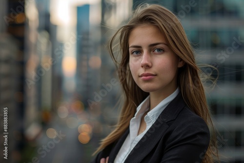 A young woman wearing a black blazer and white shirt stands confidently in front of a blurred cityscape background. Her arms are crossed, and she looks directly at the viewer