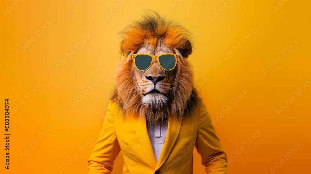 Obraz premium funny lion wearing sunglasses and summer suit , illustration of a lion wearing sunglasses and summer suit , cartoon lion wearing sunglasses and summer suit