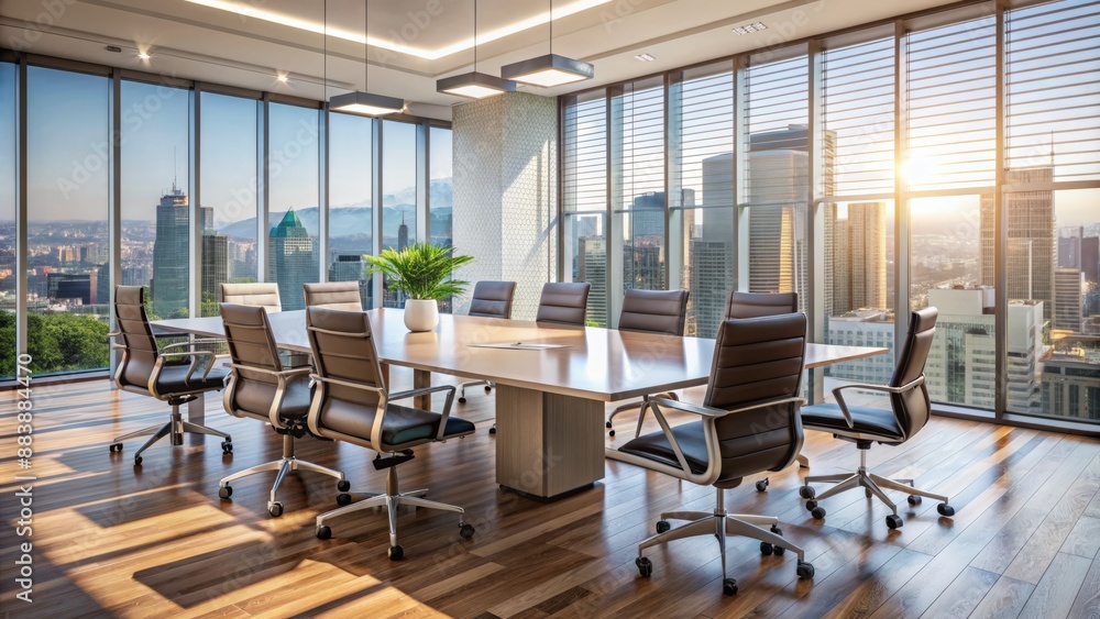 Modern office backdrop features empty chairs and a sleek table where colleagues often gather, evoking a sense of approachable leadership and collaborative corporate culture. Modern office backdrop features empty chairs and a sleek table where colleagues often gather, evoking a sense of approachable leadership and collaborative corporate culture.