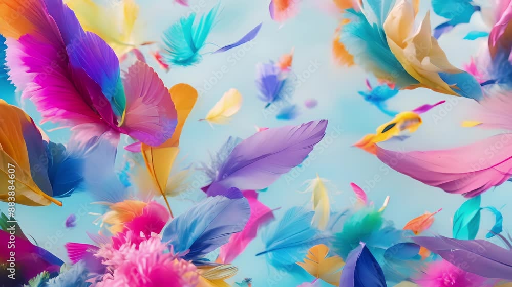 A playful mix of colorful feathers and fabric floating through the air like confetti. A playful mix of colorful feathers and fabric floating through the air like confetti.