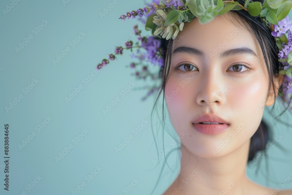 Young woman with floral headband gazes at camera with radiant skin, donning delicate crown of purple flowers and green leaves against soft blue background Young woman with floral headband gazes at camera with radiant skin, donning delicate crown of purple flowers and green leaves against soft blue background