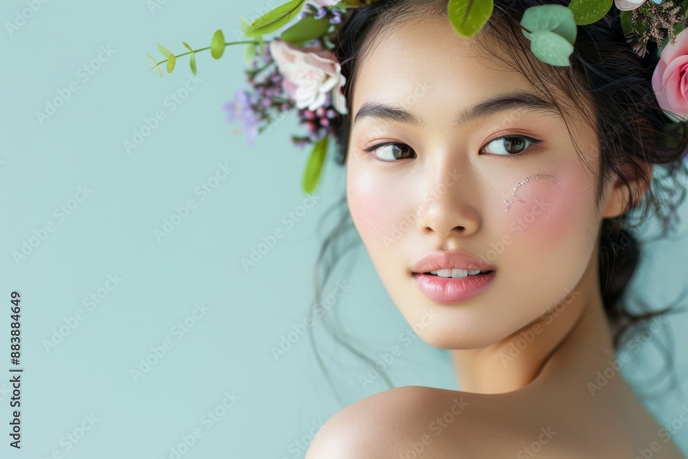 A young Asian woman wears a floral headband and looks towards the camera with a soft smile. Her skin appears radiant and healthy, highlighted by the natural light A young Asian woman wears a floral headband and looks towards the camera with a soft smile. Her skin appears radiant and healthy, highlighted by the natural light