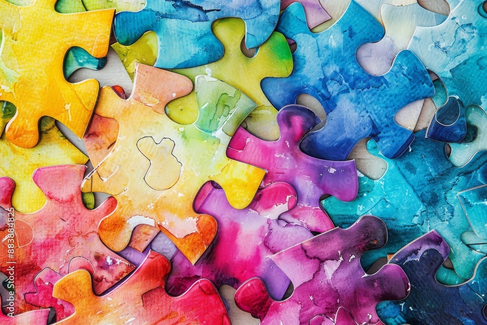 A close-up image of colorful puzzle pieces with a watercolor texture, interlocked and creating a vibrant pattern A close-up image of colorful puzzle pieces with a watercolor texture, interlocked and creating a vibrant pattern