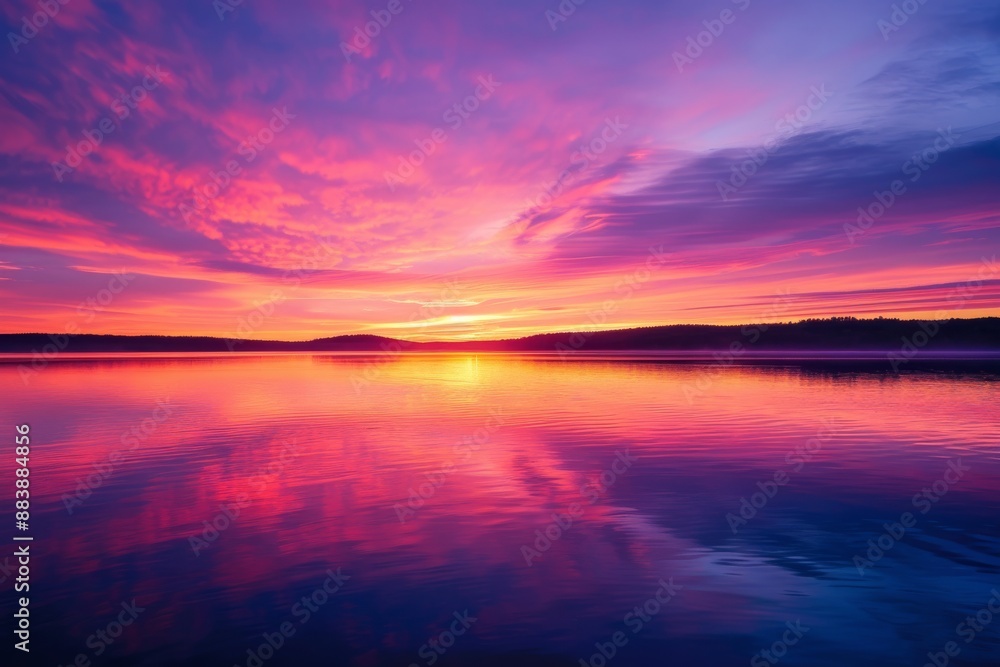 Fototapeta premium A vibrant sunrise paints the sky with hues of pink and purple, reflecting beautifully on the calm surface of a still lake