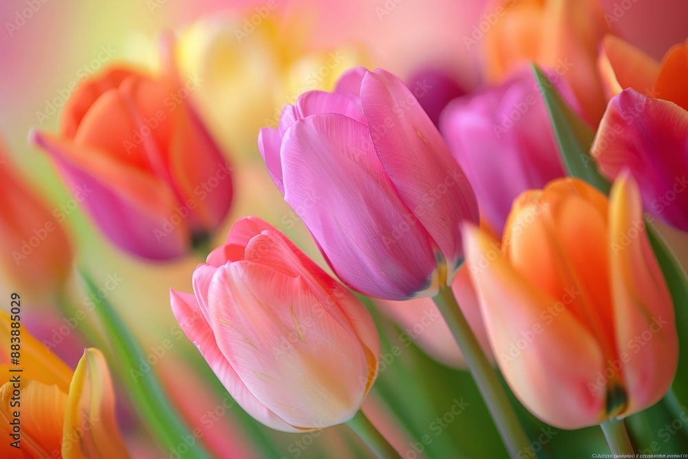 A close-up photograph of vibrant tulip flowers arranged in a bouquet with a soft focus background A close-up photograph of vibrant tulip flowers arranged in a bouquet with a soft focus background