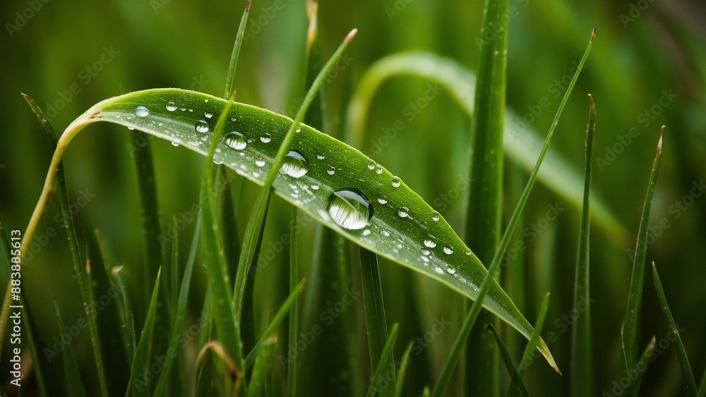 A stunning macro photograph captures the beauty of morning dew, with shimmering droplets of water adorning the delicate grassblades and the surface of a single, vibrant green leaf A stunning macro photograph captures the beauty of morning dew, with shimmering droplets of water adorning the delicate grassblades and the surface of a single, vibrant green leaf