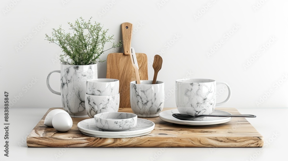 Fototapeta premium Contemporary marble kitchenware on white background, luxurious and elegant