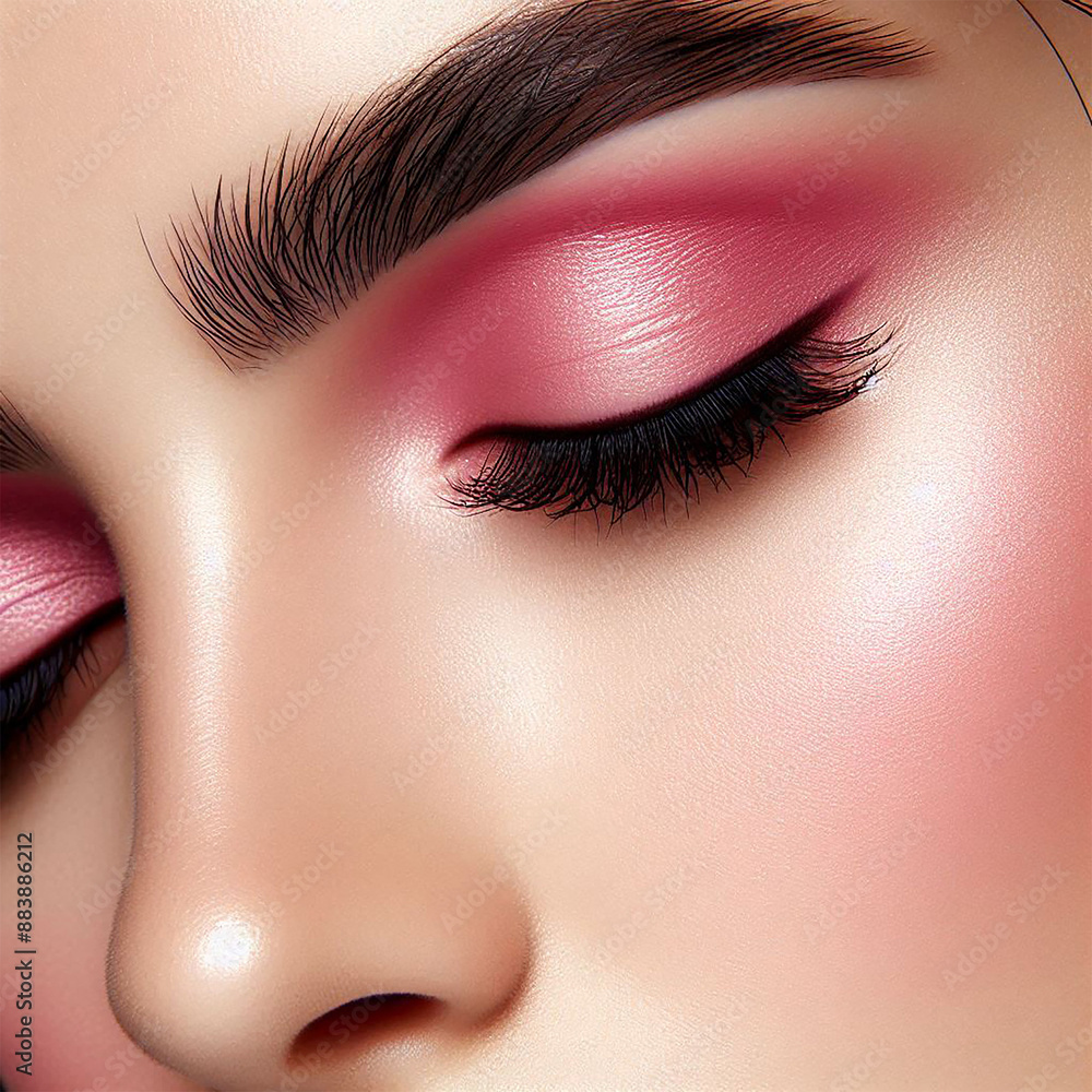 Fototapeta premium Close up of pink makeup on woman's closed eyes