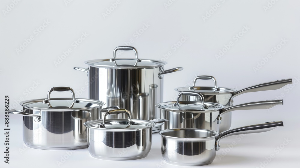 Contemporary stainless steel pots and pans on white background, sleek and functional Contemporary stainless steel pots and pans on white background, sleek and functional