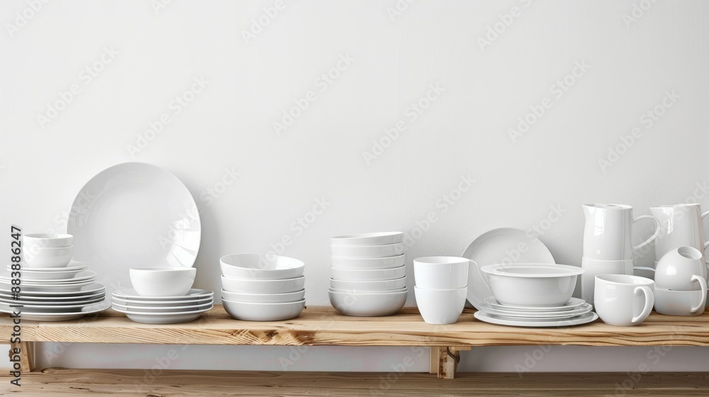 Different clean dishware on wooden table, white background, modern and organized Different clean dishware on wooden table, white background, modern and organized
