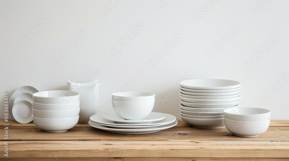 Different clean dishware set on wooden table, simple white background, modern and neat Different clean dishware set on wooden table, simple white background, modern and neat