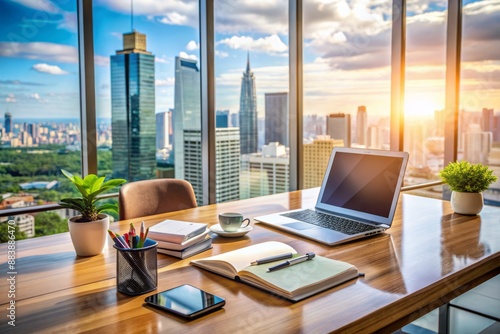Wallpaper Mural Professional desk setup with papers, laptops, and calculators, surrounded by business books and cityscape view, conveying expertise and financial planning in a modern office setting. Torontodigital.ca