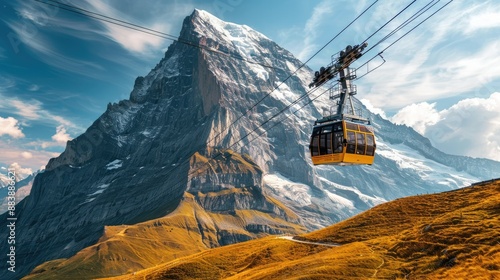 Eiger Express cable car in Swiss Alps, dramatic mountain scenery in background