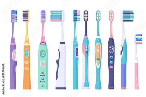 Colorful plastic toothbrushes on white background.