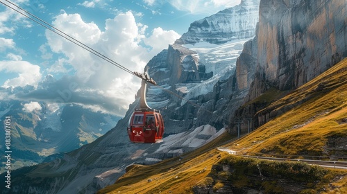 Eiger Express cable car in Swiss mountains, transporting passengers with dramatic scenery