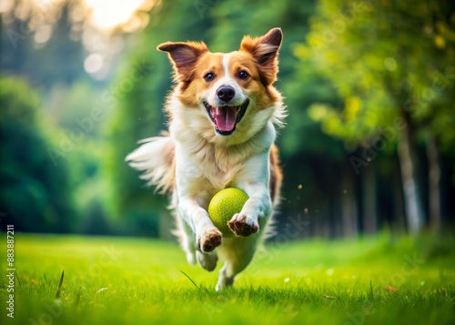 A joyful canine bursts with energy, racing across a lush green lawn with a tennis ball firmly grasped in its happy, slobbery mouth. photo