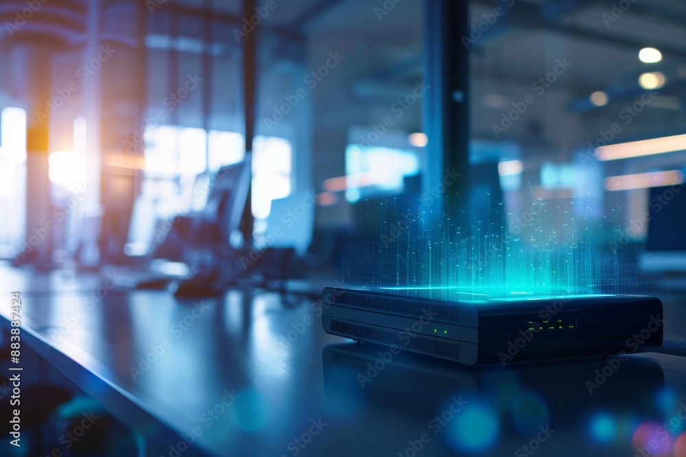A sleek, black high-speed router sits on a modern office desk, emitting a holographic display of glowing blue data streams A sleek, black high-speed router sits on a modern office desk, emitting a holographic display of glowing blue data streams