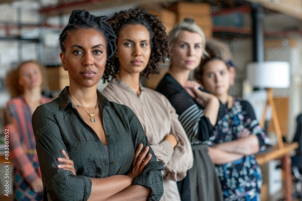 Obraz premium A group of diverse businesswomen stand confidently with arms crossed, showcasing unity and empowerment in a modern coworking space