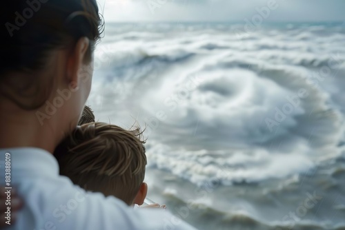 a family taking refuge in a storm shelter during a hurricane, field of dept deep odject, all cover focus text, for spacecopy